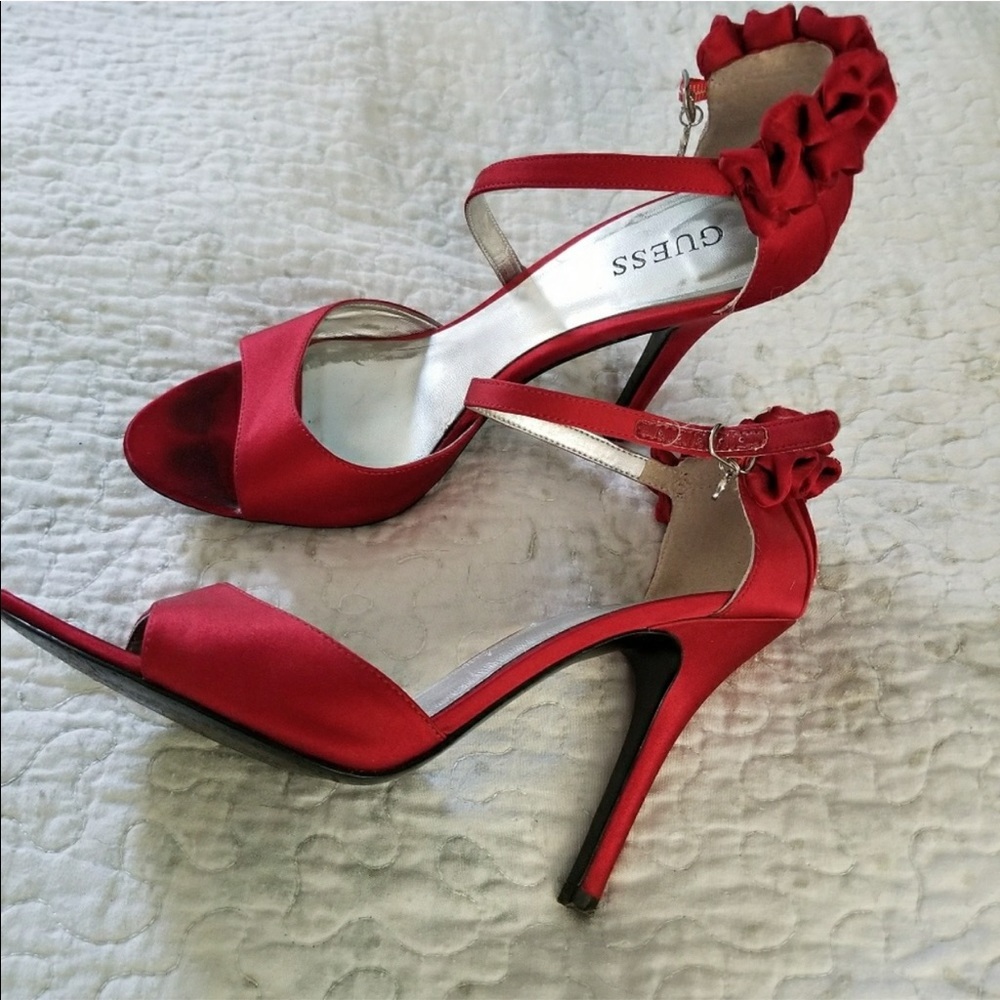 Sexy Red satin stilettos with ruffle accent guess